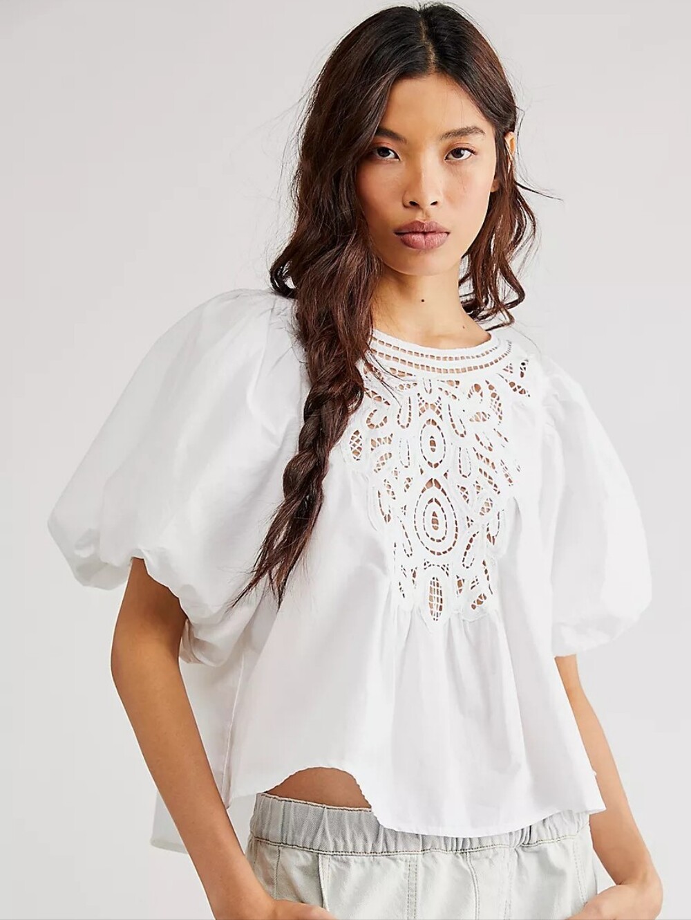 Free People Cotton White Eyelet Puff-Sleeve Blouse Size L